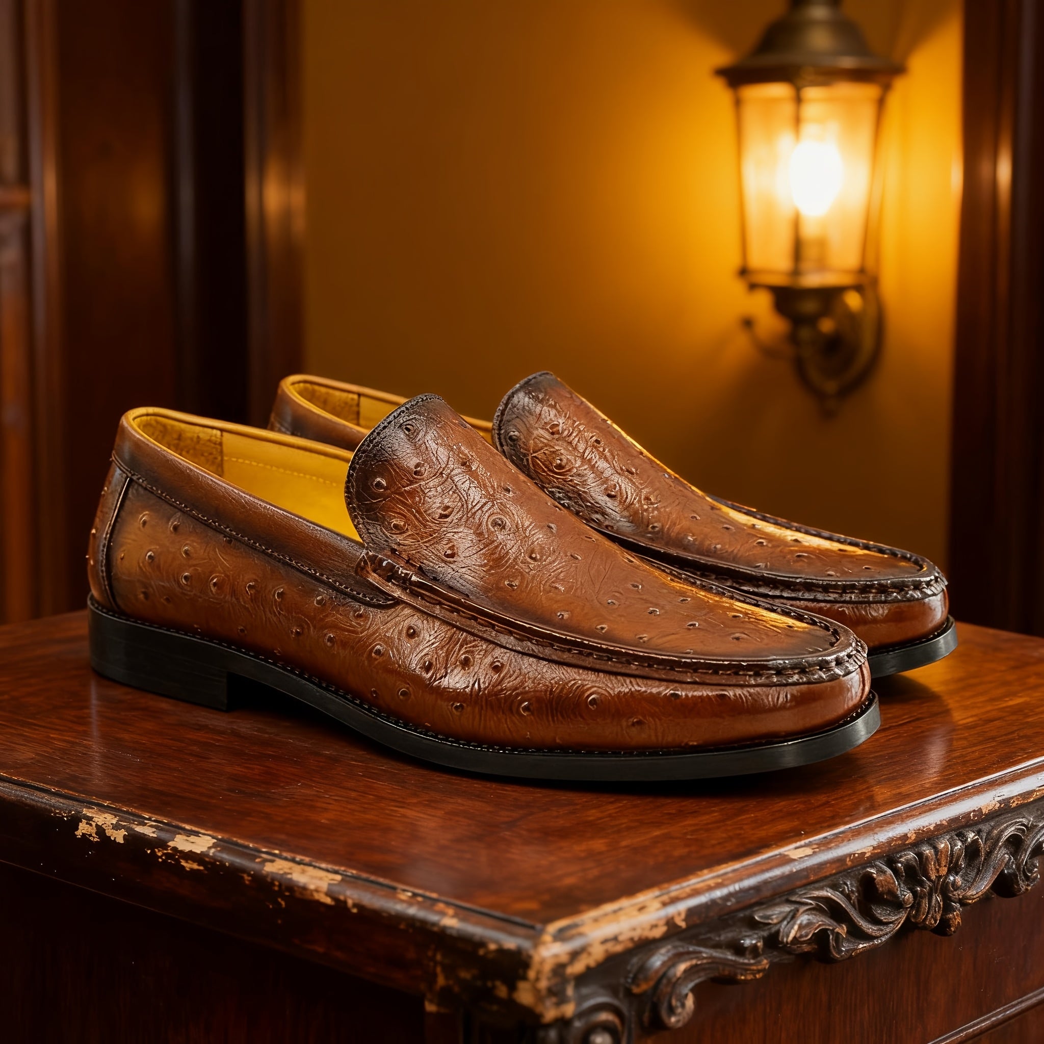 Men'S Classic Animal Print Slip-On Loafers - Genuine Leather Upper & Rubber Sole, Round Toe Low-Top Dress Shoes with Golden Buckle Strap, All-Season Versatile for Casual & Formal Wear
