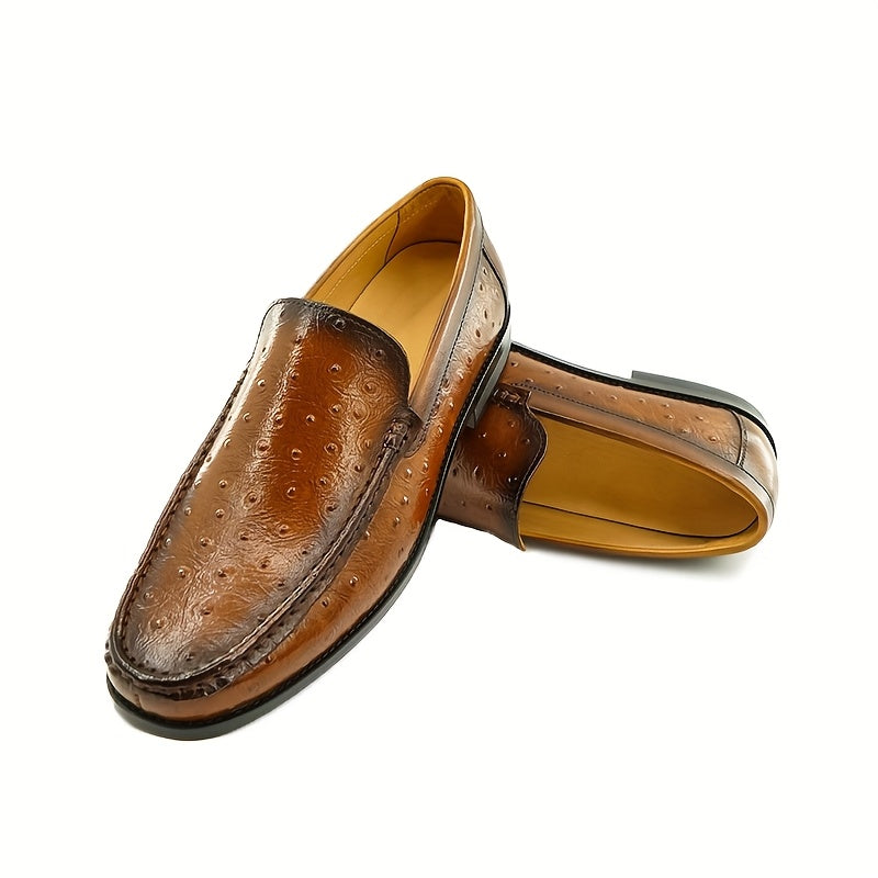 Men'S Classic Animal Print Slip-On Loafers - Genuine Leather Upper & Rubber Sole, Round Toe Low-Top Dress Shoes with Golden Buckle Strap, All-Season Versatile for Casual & Formal Wear