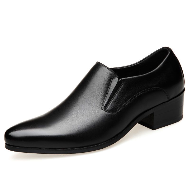 Men's Black Genuine Leather Slip-On Dress Shoes, Low Block Heel Formal Footwear for Business & Daily Wear
