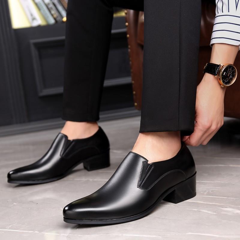 Men's Black Genuine Leather Slip-On Dress Shoes, Low Block Heel Formal Footwear for Business & Daily Wear