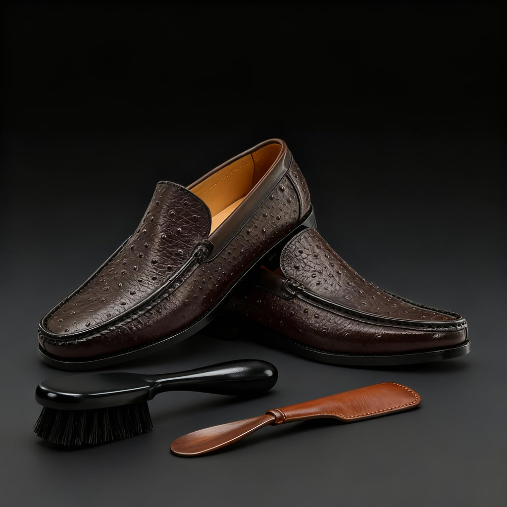 Men'S Classic Animal Print Slip-On Loafers - Genuine Leather Upper & Rubber Sole, Round Toe Low-Top Dress Shoes with Golden Buckle Strap, All-Season Versatile for Casual & Formal Wear