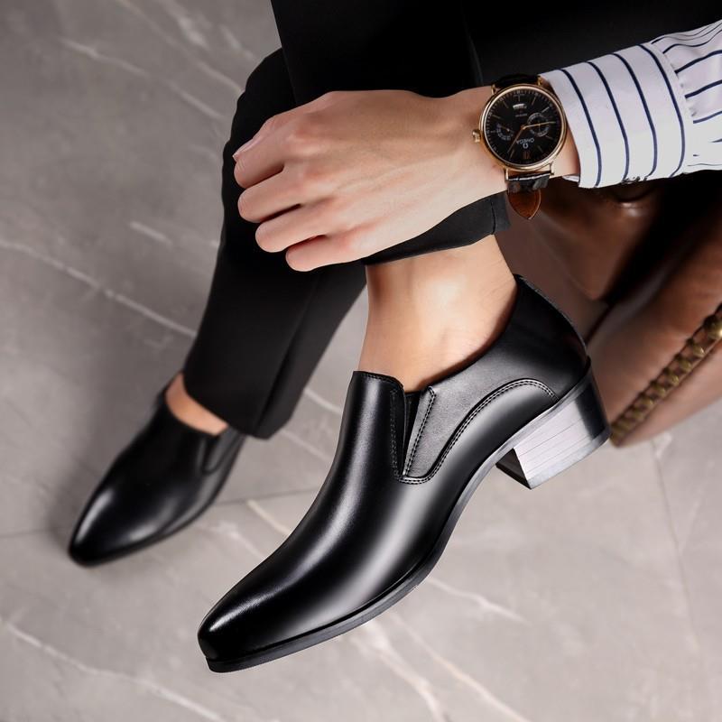 Men's Black Genuine Leather Slip-On Dress Shoes, Low Block Heel Formal Footwear for Business & Daily Wear