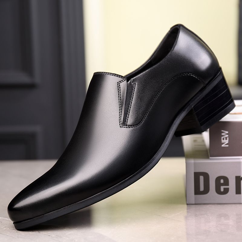 Men's Black Genuine Leather Slip-On Dress Shoes, Low Block Heel Formal Footwear for Business & Daily Wear